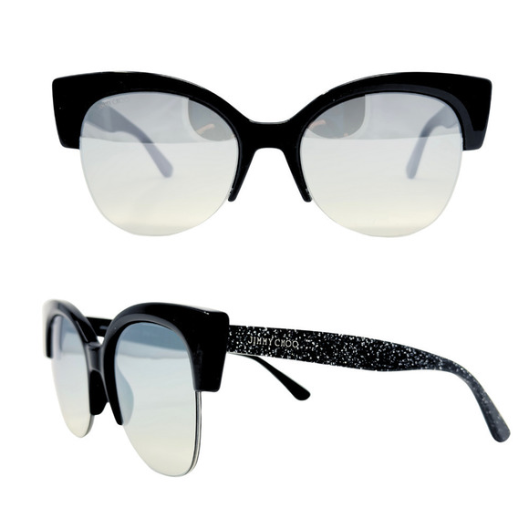 Jimmy Choo LOGO Sunglasses Black Glitter Sparkle Oversize Square‎ Aviator Lens - Picture 1 of 8